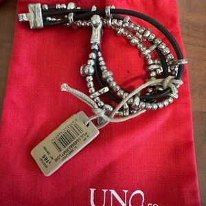 NEW UNO de 50 “Omariba” Silver Plated Bead Brown Leather Bracelet